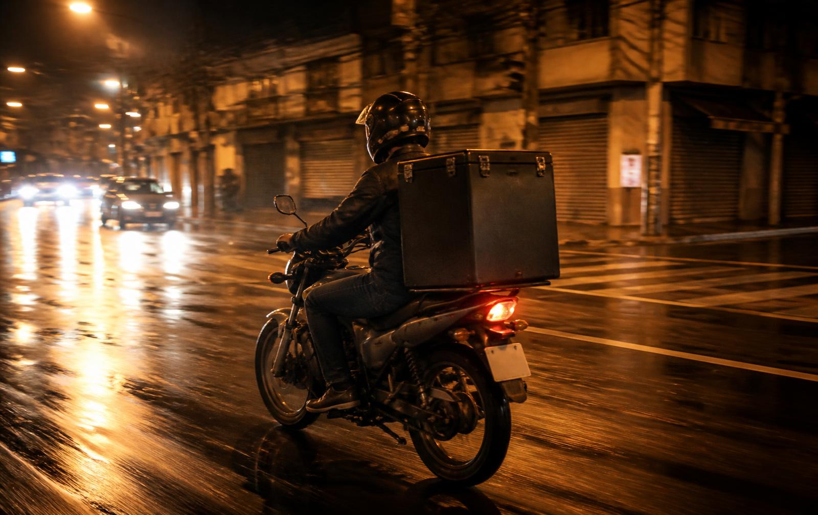 Entregador de aplicativo pilotando moto em rua urbana à noite
